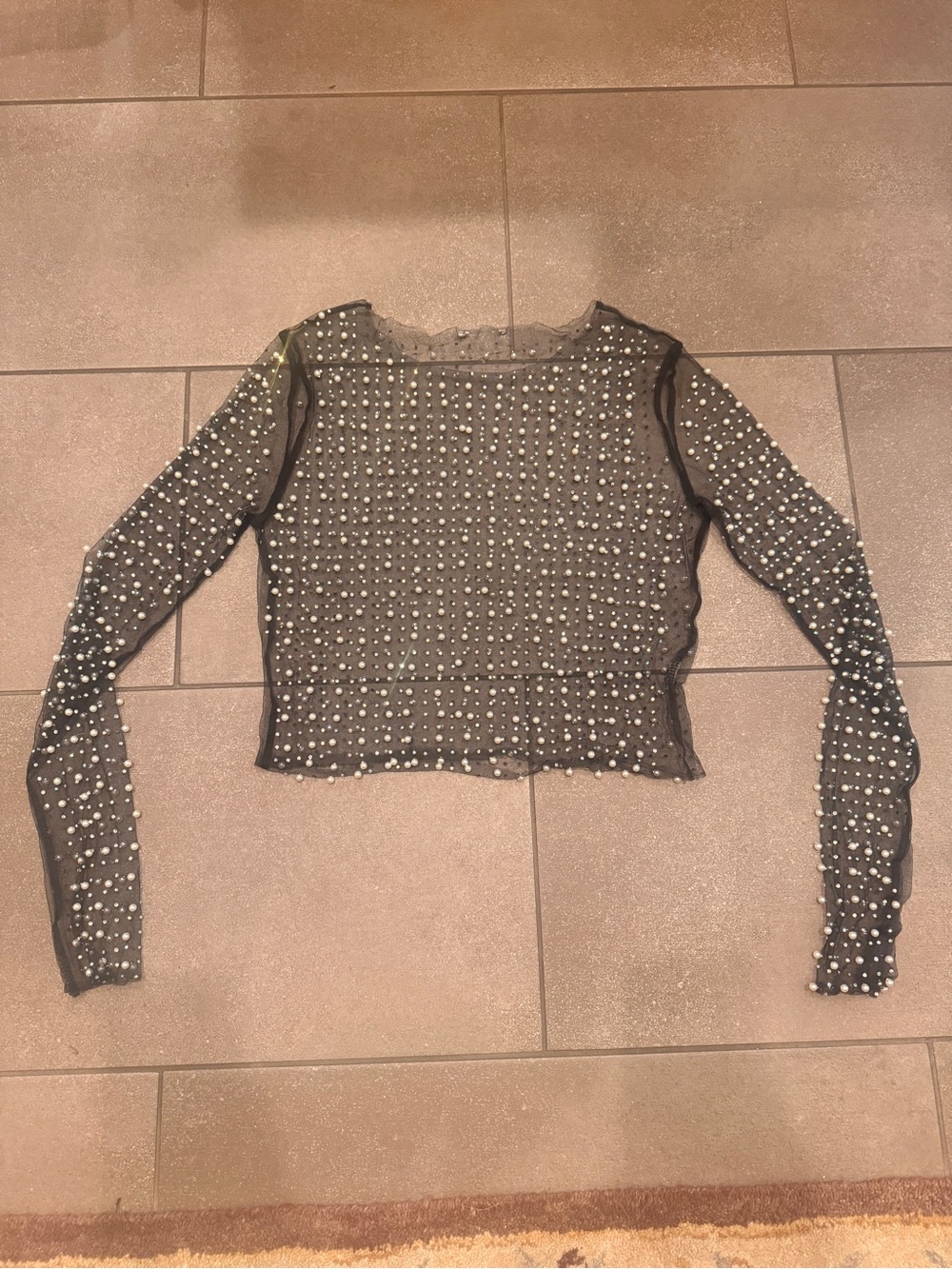 Sheer Black Long-Sleeve Pearl-Embellished Top